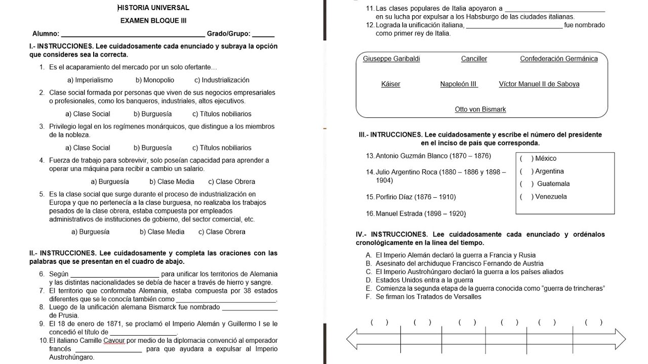 examen de historia universal secundaria bloque 3
